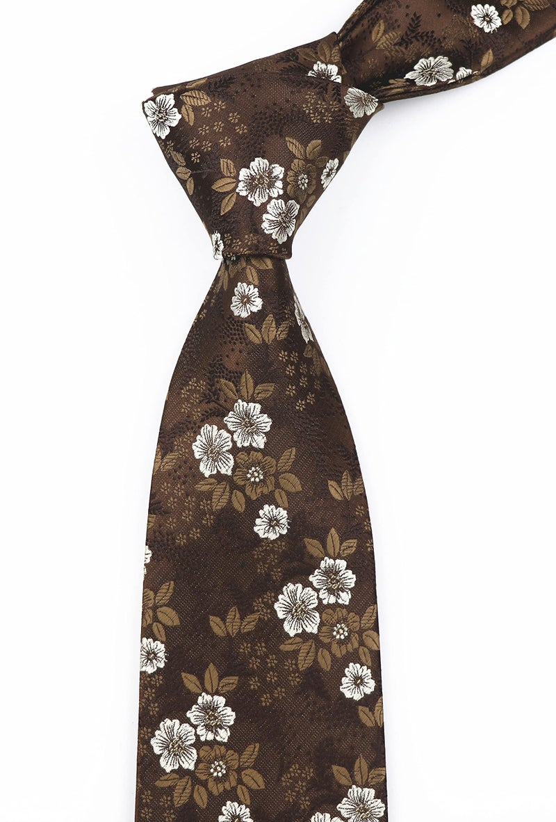 Elfeves Mens Brown with White Floral Cravat Ties Woven Business Formal Necktie Nearwear - Image 3